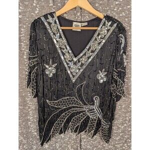 Vintage Cotton Castle Silk Beaded Black Blouse Women's Medium
